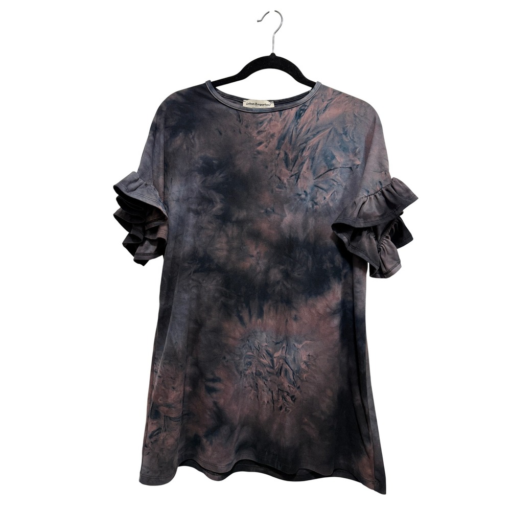 Cotton Emporium Tie Dye Ruffle Sleeve Tunic Top Black pink Blue Medium